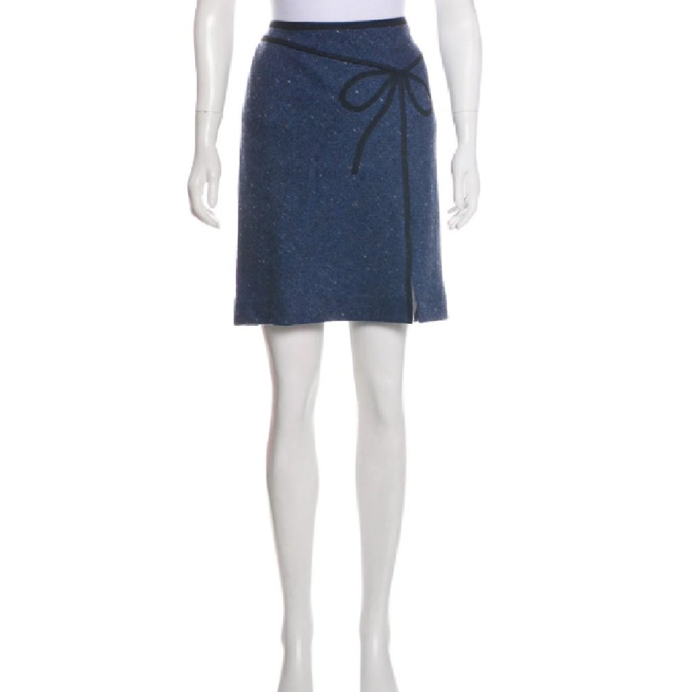 JOHN GALLIANO Lace-Trimmed Wool Skirt Blue and Black with Ribbon Bow Design